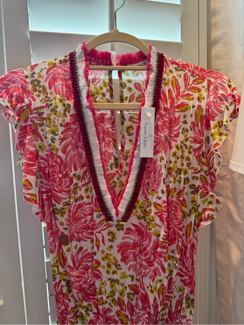 Poupette St. Barth Pink Floral V-Neck Fringe-Trim Dress